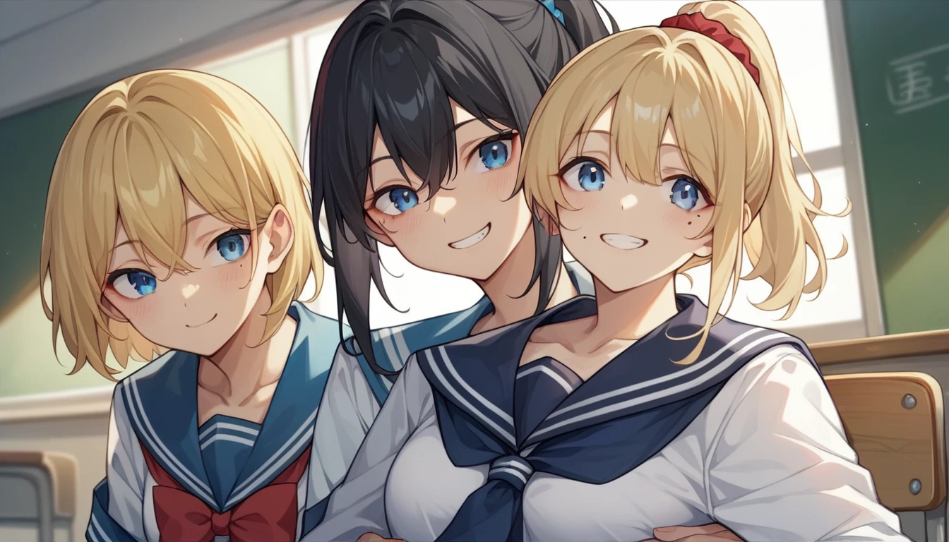 Portrait、512、High School Girl A(Medium hair with black hair、Canine、Tear mole on left eye、White and navy blue sailor suit、smile、Trying to eat rice ball)、High school girl B(ponytail、Blonde、blue eyes、Red scrunchie、White and navy blue sailor suit、Lunch box on lap)、classroom、lunch