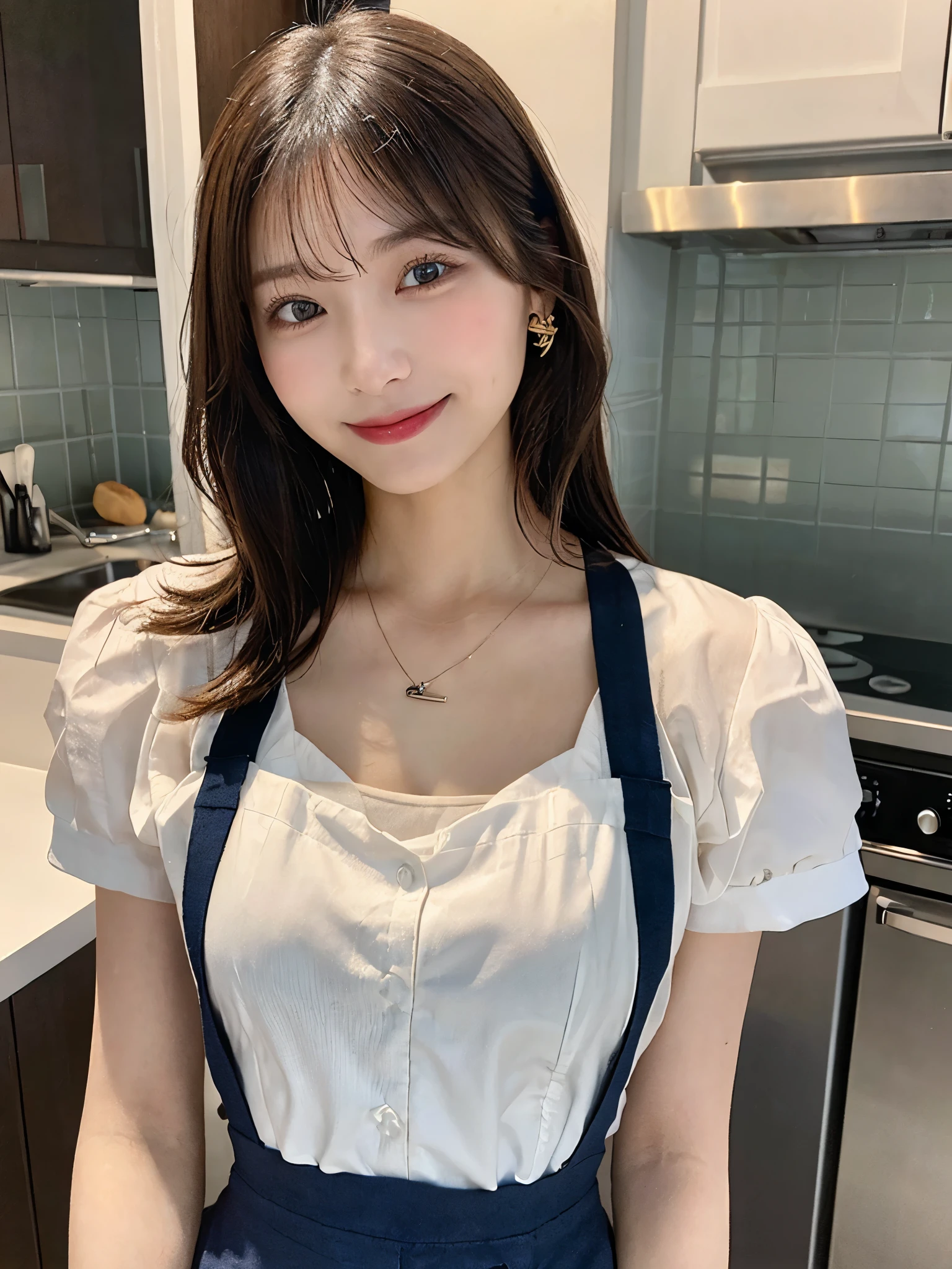 (Highest quality, 8K, masterpiece: 1.3), Beautiful woman with perfect figure: 1.4, Dark brown hair, Wearing a pendant, Wearing an apron, In the kitchen, Highly detailed face and skin, Fine grain, double eyelid, Big Breasts, smile