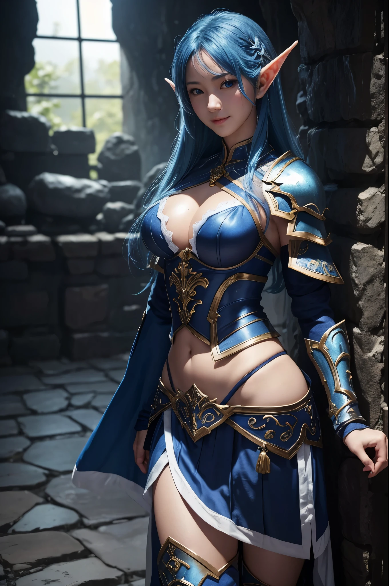 8K、Blue and white extra large chest armor(Metal)Dark Elf wearing、Super Beauty(Realistic)、全身にSunburned skin、Elf Ears、青と白のVery large breasts部鎧、Model Chute Style、(非常に詳細なCGユニティ8K壁紙)、Full body photos of the most beautiful works of art in the world、Front 4 poses、Blue Hair、Gorgeous blue and white combat skirt、medieval architecture、Trending on Art Station、CG Trends、Detailed、Every detail、Sharp focus、Very large breasts、Blue Eyes、Viewer、Beautiful expression、Accentuate your cleavage、Beautiful decoration、smile、make、Inside the cave、全身のSunburned skin、Beautiful Blue Hair、Sunburned skin、全身のSunburned skin、Dark-skinned female elf、Rich colors、Backlight、Cinema Lighting、Film Grain、50mm lens、Nikon D850、Ultra-high resolution、Ultra-realistic、Dynamic fighting poses、青と白のVery large breasts部装甲(Metal)、In a dimly lit dungeon、makeアップ,Sunburned skin,Blue and white shoulder armor,