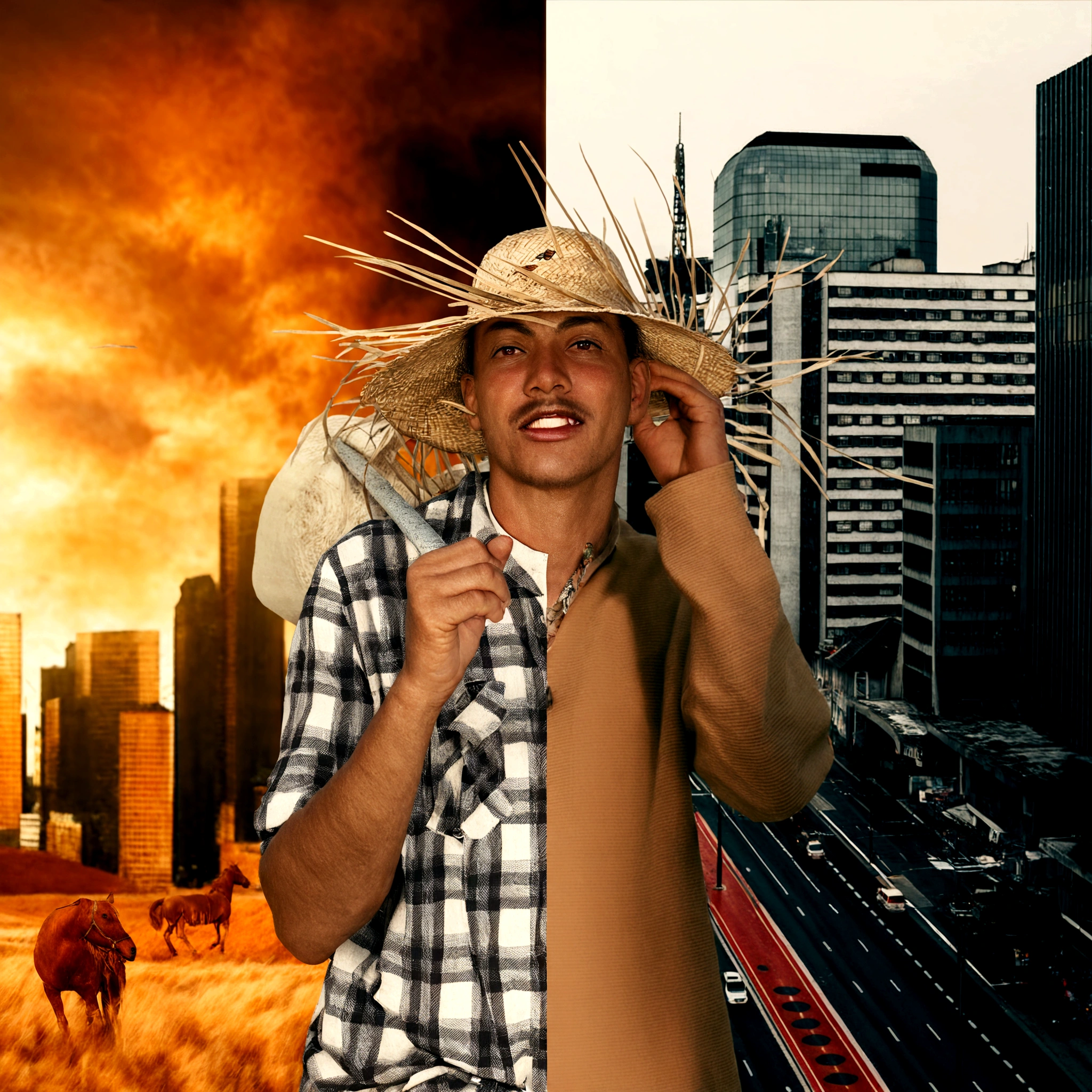 there is a man in a hat and plaid shirt standing in a field, portrait photo with matte painting, photo manipulation, composition, 3D rendering and matte painting, post - apocalyptic cowboy, City on fire in the background, wearing a straw hat and overalls, japanesse farmer, farmer, edited in photoshop, photo manipulation, apocalyptic scenario, photo manipulation
