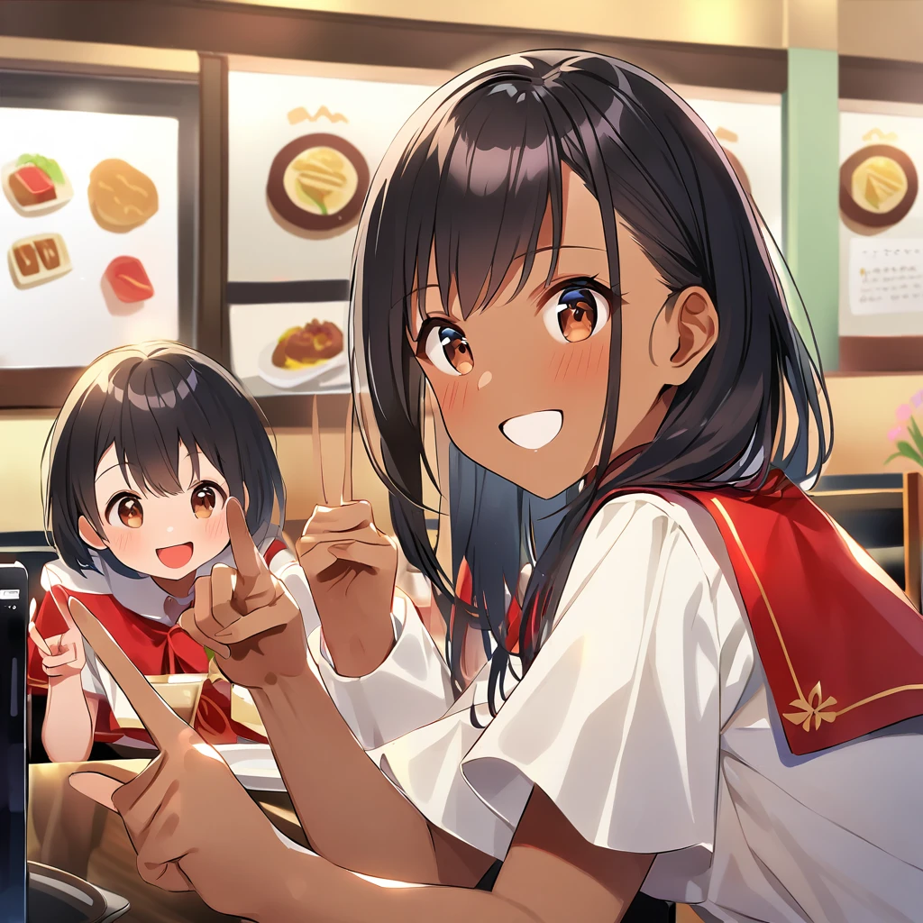 A confident smile, Taking photos at a restaurant on the way home from school,Sounds like fun,短いBlack Hair, Brown eyes,Brown Skin,2 students、Use a gesture commonly associated with the peace sign when speaking (Tele from the restaurant), skirt, Black Hair, indoor, meal, shirt, ((((Complete faithful finger))))