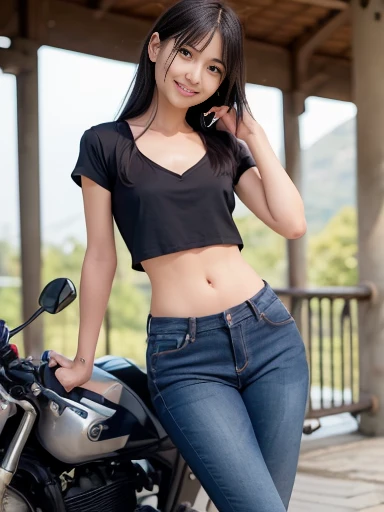 a lot of details, (underweight), 30 years old, detailed black hair, beautiful detailed hair, super fucking beautiful, delicate beautiful face, complex details beautiful and delicate eyes, perfect hands, (flat chest best quality:1.5), perfect and delicate limbs, detailed skin, best quality, ultra-detailed,(cheerful grin:1.5),
tunnel, motorcycle, riding motorcycle, messy hair, t-shirt, jeans, japanese, full body shot, ground-level shot