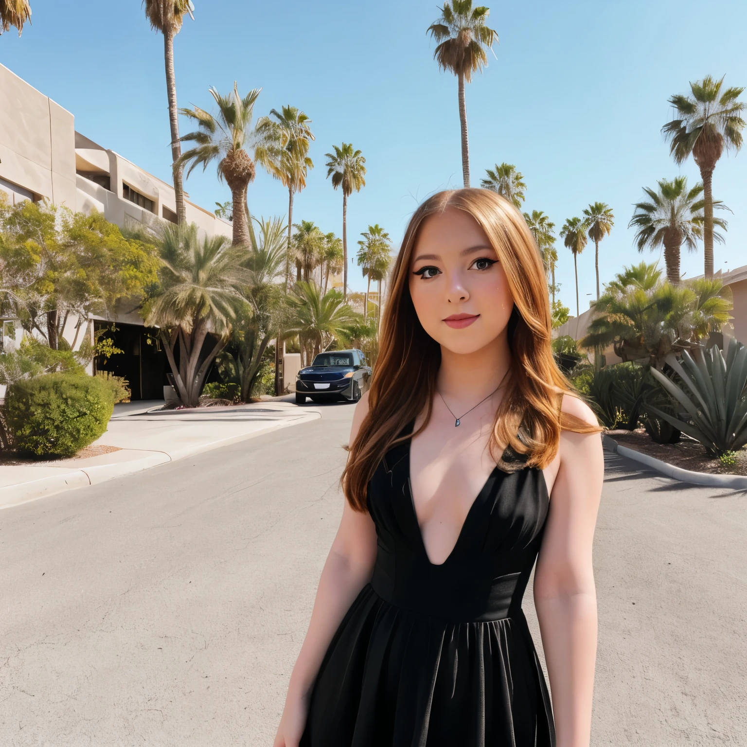 camdygrams, 1girl, solo, looking at viewer, face closeup, standing tall, car in the background, palm trees in the background, beautiful shoes, dress, bmw car, black car