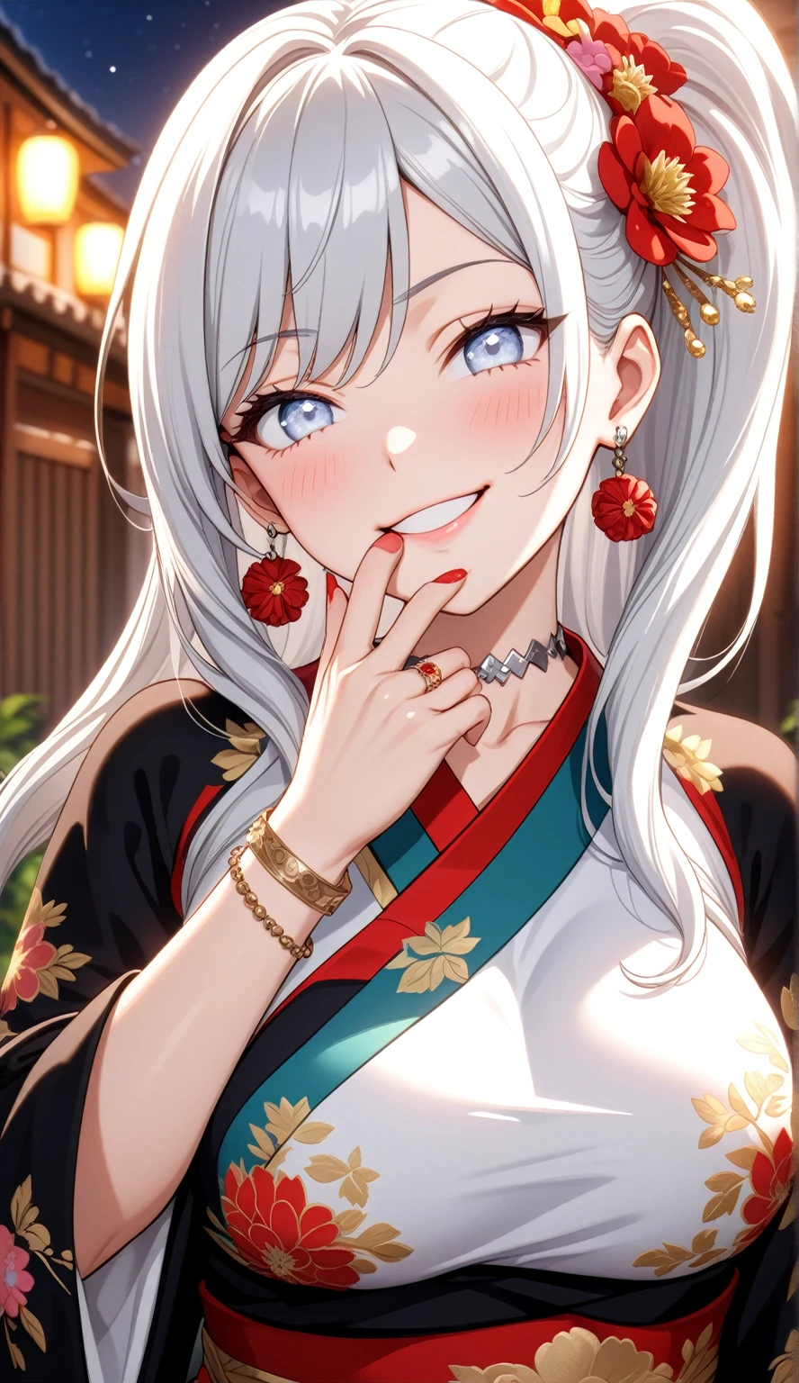 ((One personの女性)), Beautiful Face, (Laughing embarrassedly), (laugh:1.2),((Wink:1.9)), (head tilt:1.3), Laugh with your mouth wide open, upper teeth, ((Bright red cheeks:1.4)),Glossy Red Lips,rooftop, firework, Shining Face, ((Anime style background)),masterpiece, Highest quality, so beautiful,up to date, Complex details, (Pink long nails),(ring),(bracelet),(Floral choker),AI-generated, Complex,High resolution, Highest quality, super high quality,3D Images、3D Images,One person,Long white hair,High Ponytail, Anime woman posing for a photo,(blue eyes), ((Fine grain、Silvery white colorful eyes、Shining Eyes:1.4)), (Squint your eyes:1.1),a hyperRealistic , hyperRealistic , Realistic,Anime woman with long white hair, Smooth anime CG art, A woman in a colorful kimono with gold embroidery, (Black long sleeve kimono),Red floral pattern,Long flower hair ornament,Earrings,Mature Body,(Big Breasts:1.1),Tall,Abdominal muscles,Tight waist,(Zoom up to face:1.4), (front view),