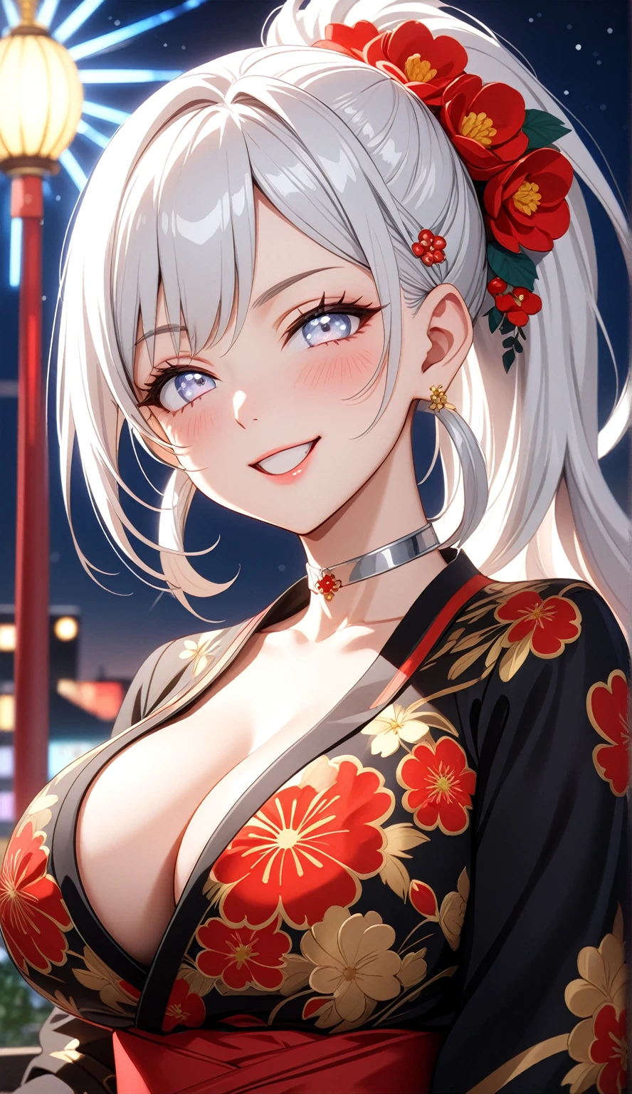 ((One personの女性)), Beautiful Face, (Laughing embarrassedly), (laugh:1.2),((Wink:1.9)), (head tilt:1.3), Laugh with your mouth wide open, upper teeth, ((Bright red cheeks:1.4)),Glossy Red Lips,rooftop, firework, Shining Face, ((Anime style background)),masterpiece, Highest quality, so beautiful,up to date, Complex details, (Pink long nails),(ring),(bracelet),(Floral choker),AI-generated, Complex,High resolution, Highest quality, super high quality,3D Images、3D Images,One person,Long white hair,High Ponytail, Anime woman posing for a photo,(blue eyes), ((Fine grain、Silvery white colorful eyes、Shining Eyes:1.4)), (Squint your eyes:1.1),a hyperRealistic , hyperRealistic , Realistic,Anime woman with long white hair, Smooth anime CG art, A woman in a colorful kimono with gold embroidery, (Black long sleeve kimono),Red floral pattern,Long flower hair ornament,Earrings,Mature Body,(Big Breasts:1.1),Tall,Abdominal muscles,Tight waist,(Zoom up to face:1.4), (front view),