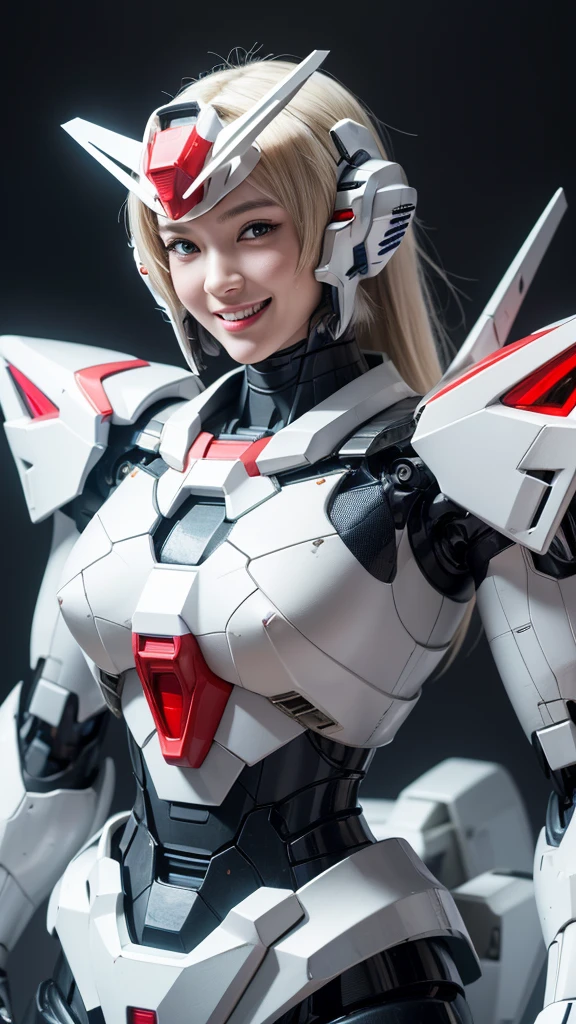 Textured skin, Super Detail, high details, High quality, Best Quality, hight resolution, 1080p, hard disk, Beautiful,(Gundam),Beautiful Smile,beautiful cyborg woman,Mecha Cyborg Girl,Battle Mode,Girl with a Mecha Body,She wears a futuristic Gundam mecha,Fulll body Shot