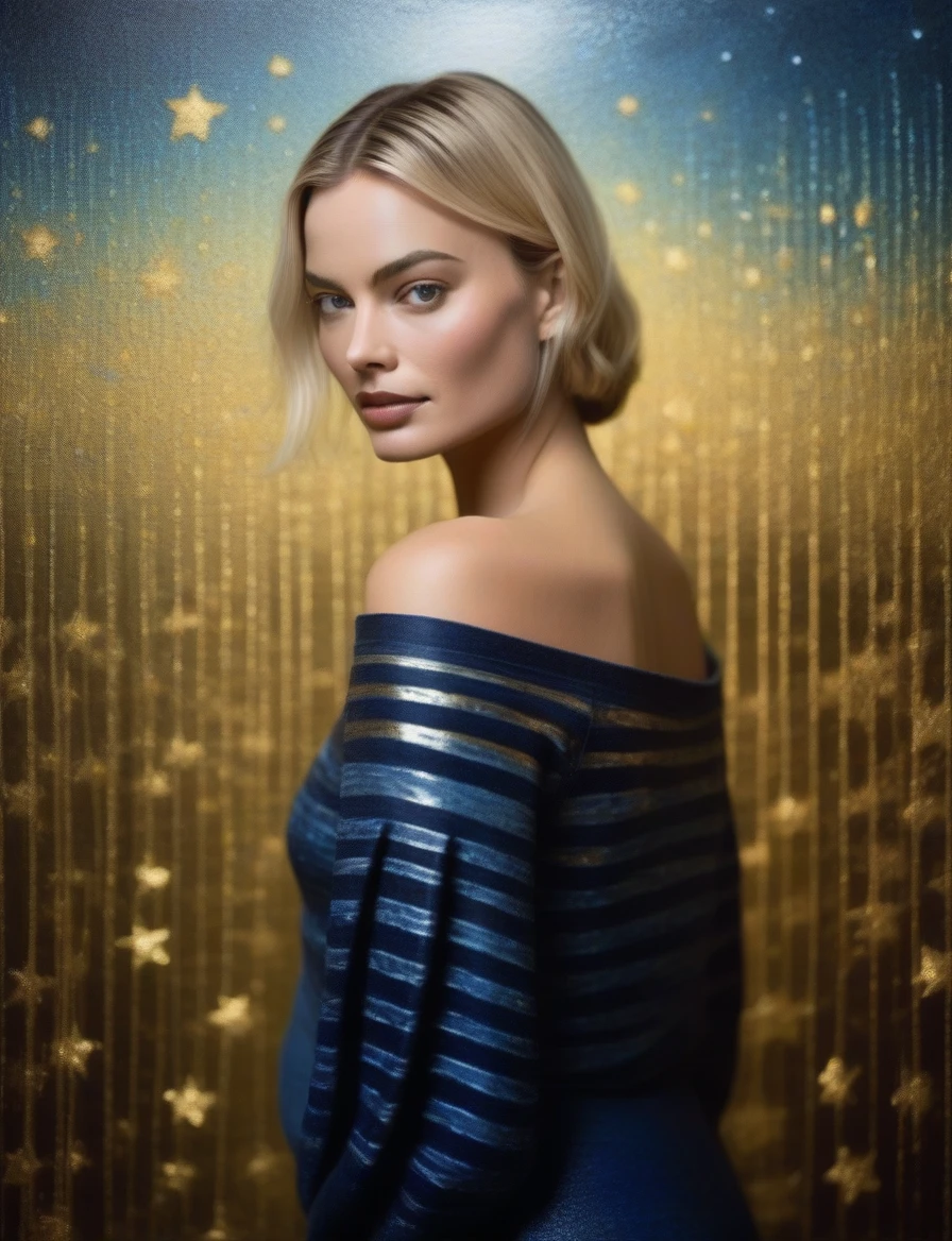 MargotRobbie, (art by Henri Le Sidaner:1.3) ,art by Bill Brauer, photograph, highly detailed, Sharp Murano tiny Qin Dynasty (Female:1.3) , Soul reaver, wearing Wide-leg pants and off-the-shoulder top in stripes patterns, Dark Pixie hairstyle, Stars in the sky, soft focus, Illustration, deep indigo lighting, film grain, Fuji superia 400, Depth of field 100mm, two colors, "She will be loved, and she will be loved.",  