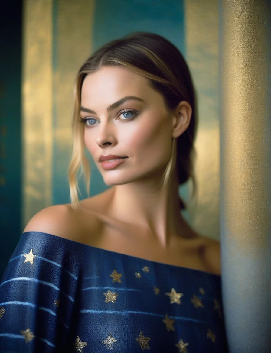 MargotRobbie, (art by Henri Le Sidaner:1.3) ,art by Bill Brauer, photograph, highly detailed, Sharp Murano tiny Qin Dynasty (Female:1.3) , Soul reaver, wearing Wide-leg pants and off-the-shoulder top in stripes patterns, Dark Pixie hairstyle, Stars in the sky, soft focus, Illustration, deep indigo lighting, film grain, Fuji superia 400, Depth of field 100mm, two colors, "She will be loved, and she will be loved.",  