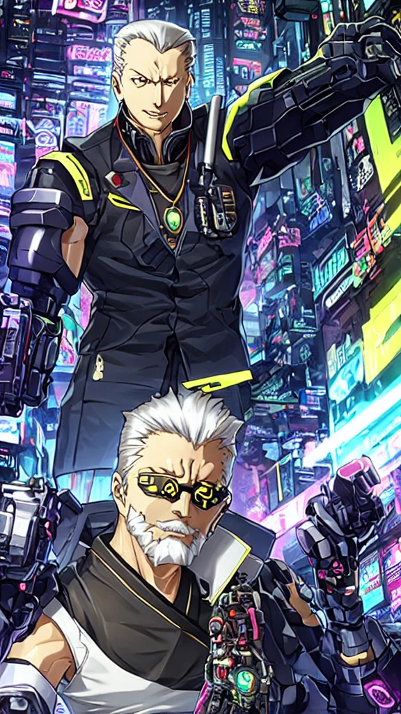 Create a cyberpunk-style grandpa. He is an elderly man with a mix of traditional Japanese attire and futuristic cybernetic enhancements. His right arm is a sleek, robotic prosthetic, and he has a glowing, holographic monocle over his left eye. His face shows signs of age with deep wrinkles, but his expression is determined and wise. The background should be a neon-lit alleyway with a mix of old and new architecture. He should have a small, portable cyberdeck device in his left hand, hinting at his tech-savvy nature.
