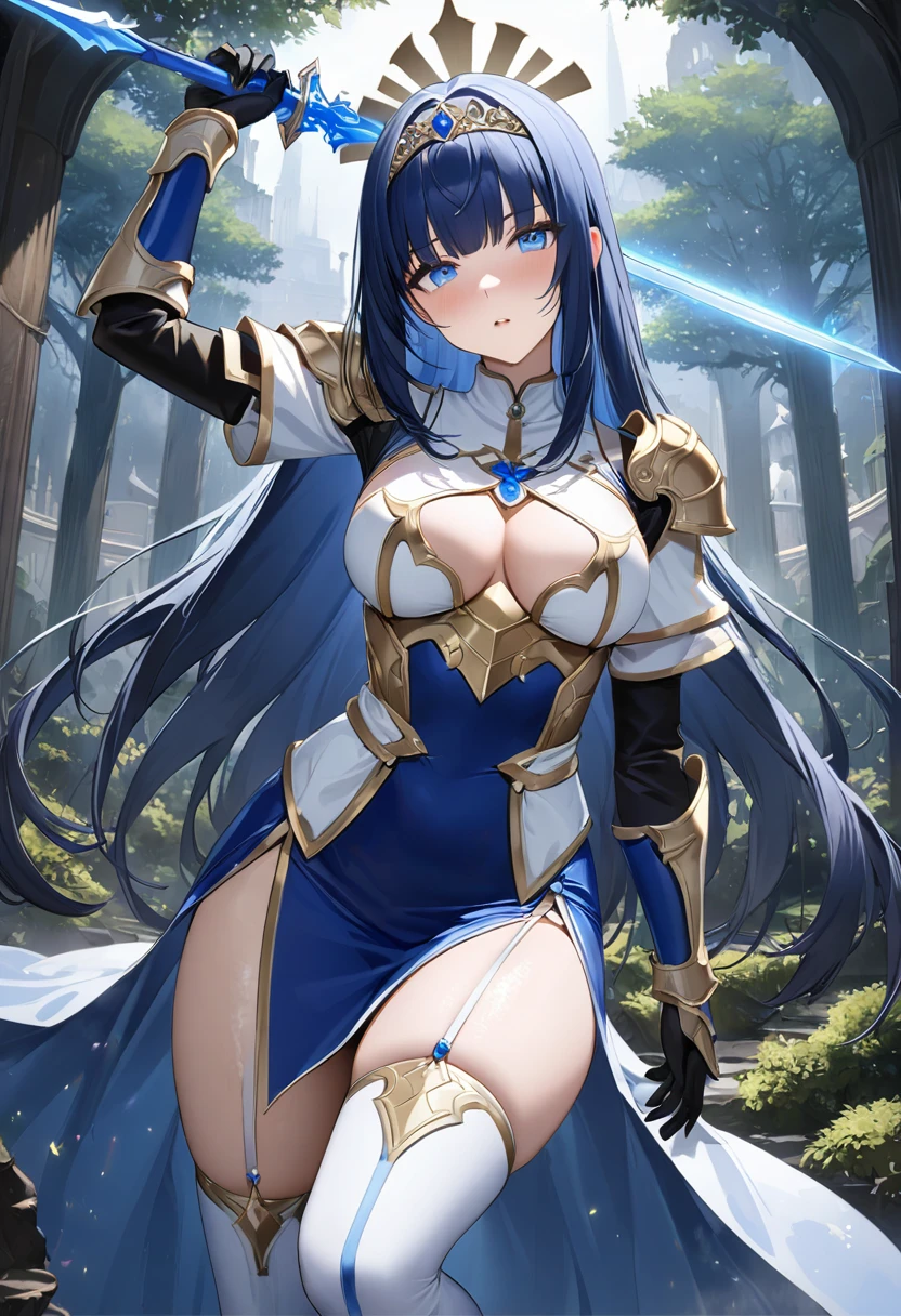 Highest quality、unity 8k wallpaper、32k、masterpiece、Very detailed、Ultra-high resolution、Very detailedな顔, RAW Photos, Professional, Ultra-fine painting, (((A saint who fell into pleasure)))、(((corrupt_girl)))、Midnight blue long straight hair、Platinum tiara with blue gemstones、Blue Nun Cape、blue eyes、(Tree Eyes), Cool and sharp features, hime cut, 20~A female magical warrior, about 24 years old.、White and gold breastplate、Blue and white leotard、(((Blue and white gold-embellished long pencil skirt with side armor and long slits)))、Half puff sleeves with shoulder pads、A large white ribbon with a large sapphire on the chest、White and blue long gloves、(((White and blue thigh-high stiletto boots:1.0)))、whole body、He has a spear with a glowing blue blade, in heat,