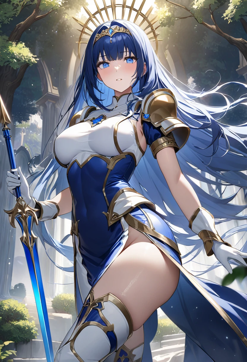 Highest quality、unity 8k wallpaper、32k、masterpiece、Very detailed、Ultra-high resolution、Very detailedな顔, RAW Photos, Professional, Ultra-fine painting, (((A saint who fell into pleasure)))、(((corrupt_girl)))、Midnight blue long straight hair、Platinum tiara with blue gemstones、Blue Nun Cape、blue eyes、(Tree Eyes), Cool and sharp features, hime cut, 20～A female magical warrior, about 24 years old.、White and gold breastplate、Blue and white leotard、(((Blue and white gold-embellished long pencil skirt with side armor and long slits)))、Half puff sleeves with shoulder pads、A large white ribbon with a large sapphire on the chest、White and blue long gloves、(((White and blue thigh-high stiletto boots:1.0)))、whole body、He has a spear with a glowing blue blade, in heat, 