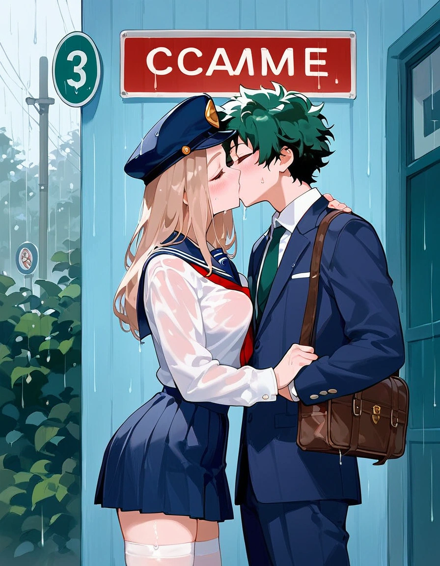 anime artwork, score_9, score_8_up, score_7_up, score_6_up, score_5_up, score_4_up, r,Camie Utsushimi, light brown hair, dark brown eyes,, breasts, , big breasts, (school uniform:1.2), standing, cap, she is 24 years old, wet whirt, ,horny, , , , style_3, 1boy, Izuku Midoriya, kissing, outdoors, raining, blush, wet, dark atmoshpere, They are completely soaked, evening, gaps in the clouds, his hands on her hips, hugging, close-up