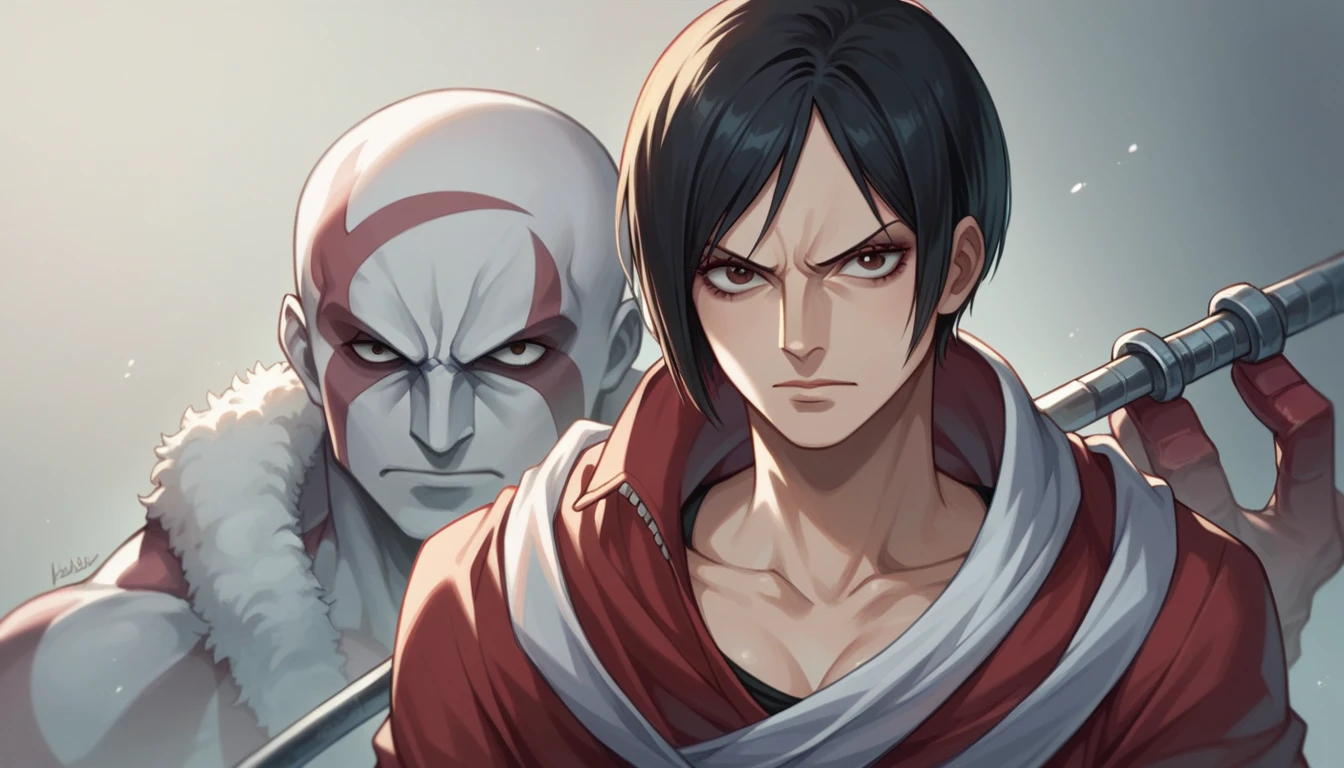 pictures of Kratos, Luffy from One Piece, Spiderman, Ada Wong from Resident Evil, in one frame, cartoon style