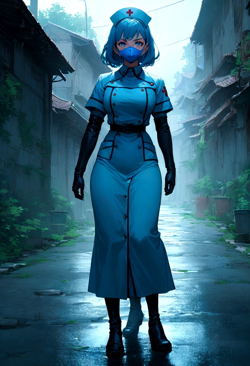 A nurse standing on a road,Wearing a blue mask