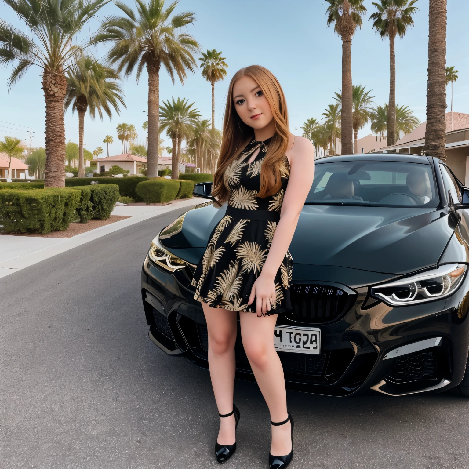 camdygrams, 1girl, solo, looking at viewer, face closeup, standing tall, car in the background, palm trees in the background, beautiful shoes, dress, bmw car, black car