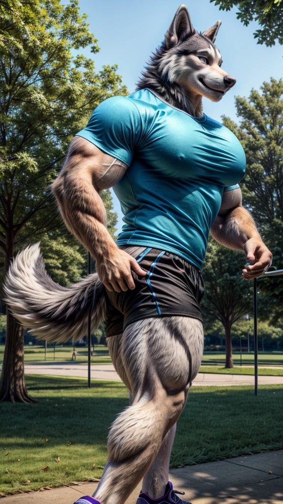 side view, (husky tail), dog, husky, muscular, jogging, fluffy fur, tall, giant, (((big pecs))), (big ass), handsome, t-shirt, park, smile, (((realistic, 8k, ultra details, masterpiece)))