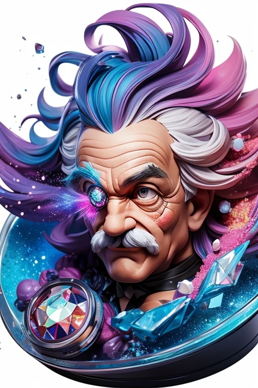 Highly detailed, The moment the flask shattered, into colored diamond dust, alberto seveso art, photo studio, A portrait of Einstein winking, with a slight transparency in the background