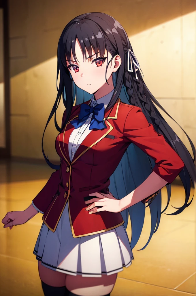 (masterpiece, best quality:1.5), (ultra detailed:1.4), super fine illustration, perfect anatomy, 8k portrait,
1girl,
Suzune Horikita, 
Suzune Horikita \(youjitsu\),
long hair, braid, 
black hair, 
red eyes, slant eyes, small eyes, 
blue bow, 
medium breasts, 
red jacket, white skirt, pleated skirt, black thigh-high socks, 
looking at viewer, 
cowboy shot, 
perfect light, background of indoor, 