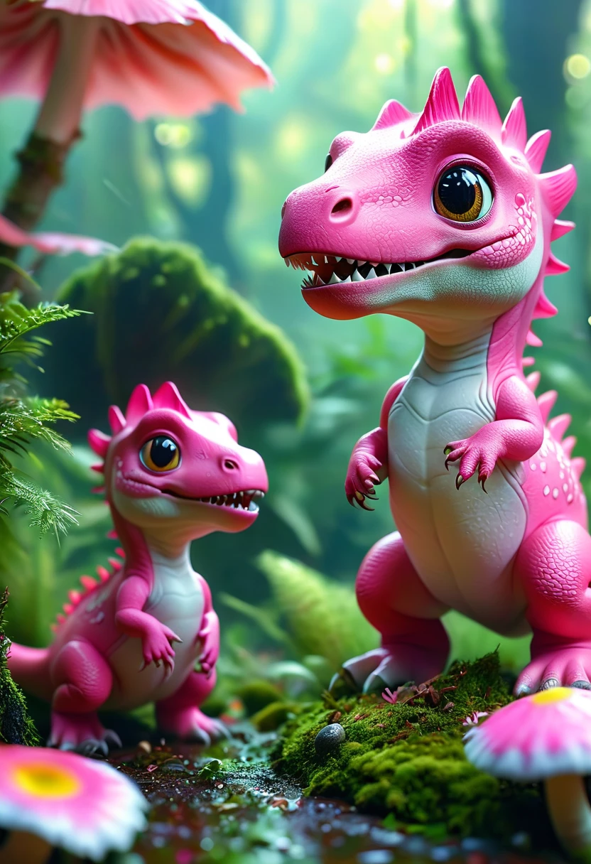 (2 cute pink Tyrannosaurus cubs,translucent,), Beautiful and delicate pink eyes, Long eyelashes,Beautiful and delicate face, Extremely detailed eyes and face, Cute expression, Dense jungle background, moss,Colorful strange mushrooms on the ground,Dreamy, Fantastic, watercolor, number, (best quality,4K,8K,high resolution,masterpiece:1.2),Extremely detailed,(Practical,photoPractical,photo-Practical:1.37),Vibrant colors,Soft lighting