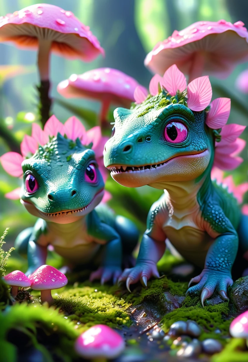 (2 cute pink Tyrannosaurus cubs，translucent，), Beautiful and delicate pink eyes, Long eyelashes,Beautiful and delicate face, Extremely detailed eyes and face, Cute expression, Dense jungle background, moss，Colorful strange mushrooms on the ground，Dreamy, Fantastic, watercolor, number, (best quality,4K,8K,high resolution,masterpiece:1.2),Extremely detailed,(Practical,photoPractical,photo-Practical:1.37),Vibrant colors,Soft lighting
