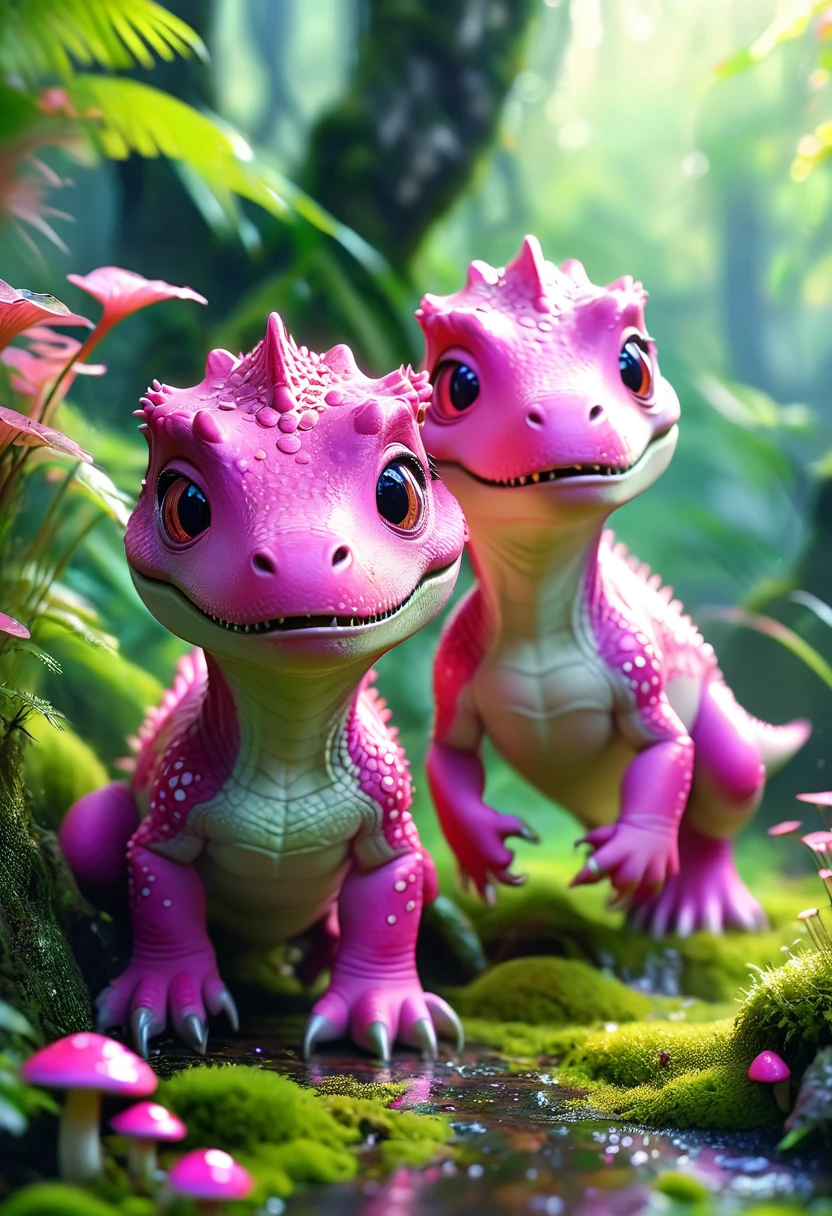 (2 cute pink Tyrannosaurus cubs，translucent，), Beautiful and delicate pink eyes, Long eyelashes,Beautiful and delicate face, Extremely detailed eyes and face, Cute expression, Dense jungle background, moss，Colorful strange mushrooms on the ground，Dreamy, Fantastic, watercolor, number, (best quality,4K,8K,high resolution,masterpiece:1.2),Extremely detailed,(Practical,photoPractical,photo-Practical:1.37),Vibrant colors,Soft lighting
