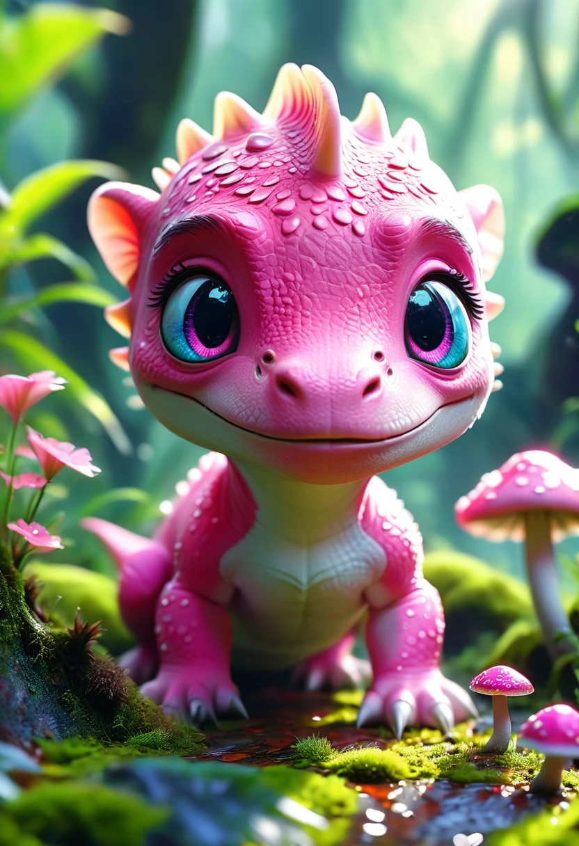 (2 cute pink Tyrannosaurus cubs,translucent,), Beautiful and delicate pink eyes, Long eyelashes,Beautiful and delicate face, Extremely detailed eyes and face, Cute expression, Dense jungle background, moss,Colorful strange mushrooms on the ground,Dreamy, Fantastic, watercolor, number, (best quality,4K,8K,high resolution,masterpiece:1.2),Extremely detailed,(Practical,photoPractical,photo-Practical:1.37),Vibrant colors,Soft lighting