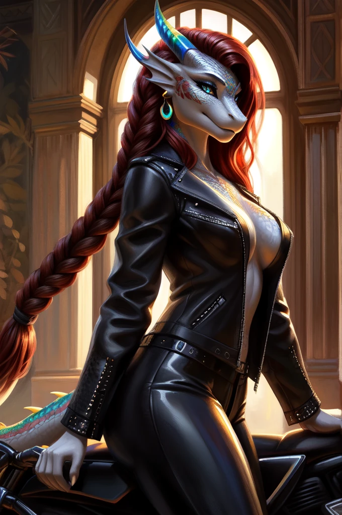 uploaded to e621, by Pixelsketcher, from Bayard Wu, Thomas Benjamin Kennington , from Einhelm, One second, ((Full Length, Master plan)),(detailed lighting of Bonifasco), (Detailed scales), (Detailed skin), ((long, Graceful multi-colored tail)), (loose hair)), ((detailed information)), [Ambient light],  [explicit content], [Sharp Focus], (questionable content), (shaded), ((masterpiece)), hiss, Chest of medium scales, Fluffy multi-colored the Dragon, Dragon Face, scalie head, dragon horns, furry art, high resolution commission, second art, art,Sakimichan is beautiful, masterpiece, Best quality, detailed depiction, bright colors, Detailed face, perfect lighting, Perfect shadows, Perfect eyes, focus on the girl, the Dragon eyes, flawless face, ((Graceful multi-colored tail)) the Dragon, bright skin, dragon girl, can be solved, Scaly Women, Dragon's nose, Large long muzzle, Multi-colored scales, look at the viewer, half-closed eyes, One, (masterpiece), (Best quality), (illustration), Detailed scales, Balanced coloring, Global illumination, ray tracing, good lighting, scales, split, looking at the viewer, Seductive look, elegant seducing pose, (The highest level of highway), ((slim and very built, long slender legs)), ((black leather jacket, leather pants, long red hair, thick braid hairstyle)), watercolor drawing, drawing, digital art, pixel art, high detail, intracate details, bohemian, elegant, aesthetic, lineout, realistic, high quality, work of art, hyperdetalization, professional, filigree, hyperrealism, beautiful girl, long fluffy eyelashes, intricate earrings, smokey eye makeup, close-up, ((character rides a motorcycle))