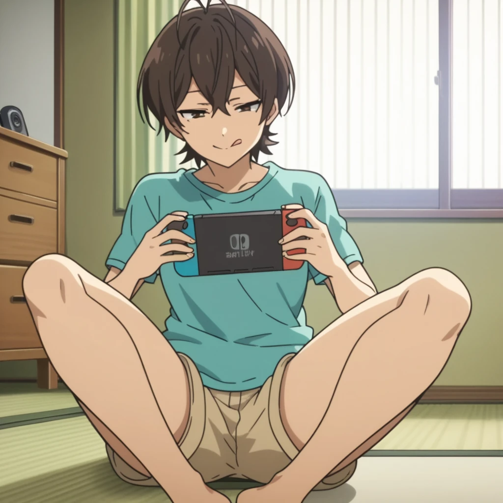 score_8_up, score_7_up, score_6_up, source anime, anime screencap, miwa, shirt, shorts, sitting, legs spread, knees bent, tatami mat, indoors, living room, holding nintendo switch, looking at nintendo switch, concentrating, closed mouth, tongue out, tongue,