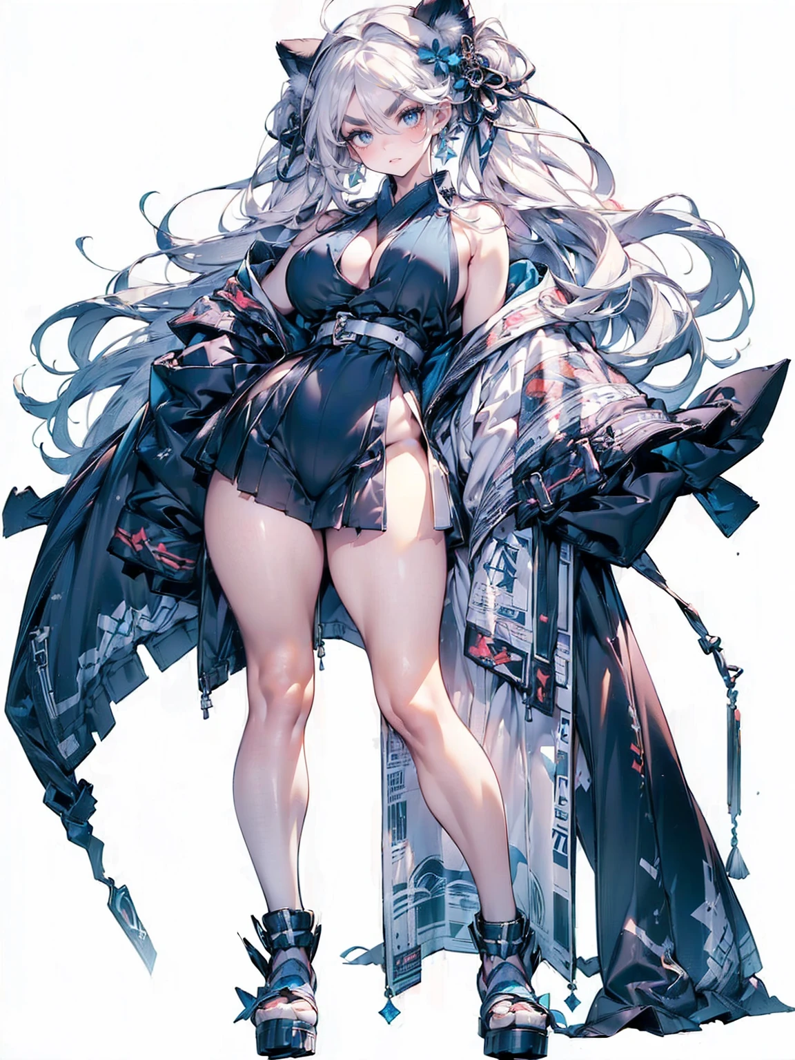 (White Hair Girl), (Thick, dark blue eyebrows:1.4), (Dark blue eyebrows:1.7), (Thick eyebrows:1.3), (Huge black fluffy animal ears:1.1), (Black animal ears:1.1), BREAK,,BREAK, (Big Breasts:1.2, Thick legs, Adult female body, Sturdy body:1.5, Japanese style costume:1.5, Beautifully colored kimono:1.5,), ((full body:1.7, Contrapposto:1.5)), (sharp eyes, Ultra-high definition CG, Precisely designed costumes, 4K, 8K, Ultra-high definition CG, Precisely designed costumes, Clear lines, Expressive and Captivating Eyes, Fine Details and Realistic Textures, cinematic lighting), ((white background)), (過剰なRuggedThick soleブーツを履いています:1.2), (Thick sole:1.5), (Big shoes:1.3), ((Beam SE, embarrassed))