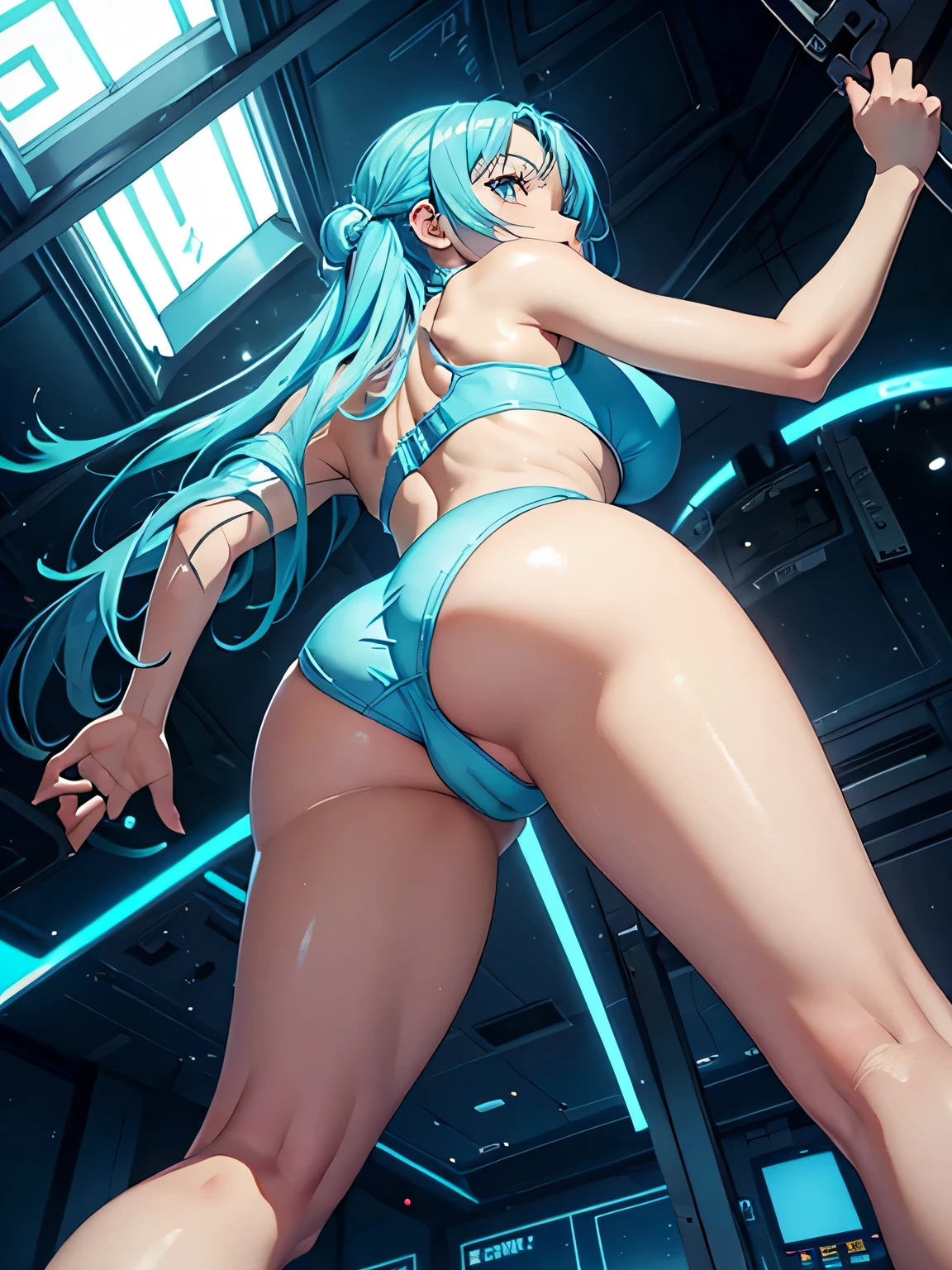 16year old girl with light blue leotard, Angle from your feet、angle from below、((Angle looking up from below、mostrar la entrepierna))、volumetric lighting、Luz tenue、Brillante、Neons、Colores vibrantes、pintura de acuarela、 H-cup bust one piece of underwear for the lower body, very large breasts, very big ass, I can see your pants, white underwear, underwear that digs into the crotch, very beautiful face,