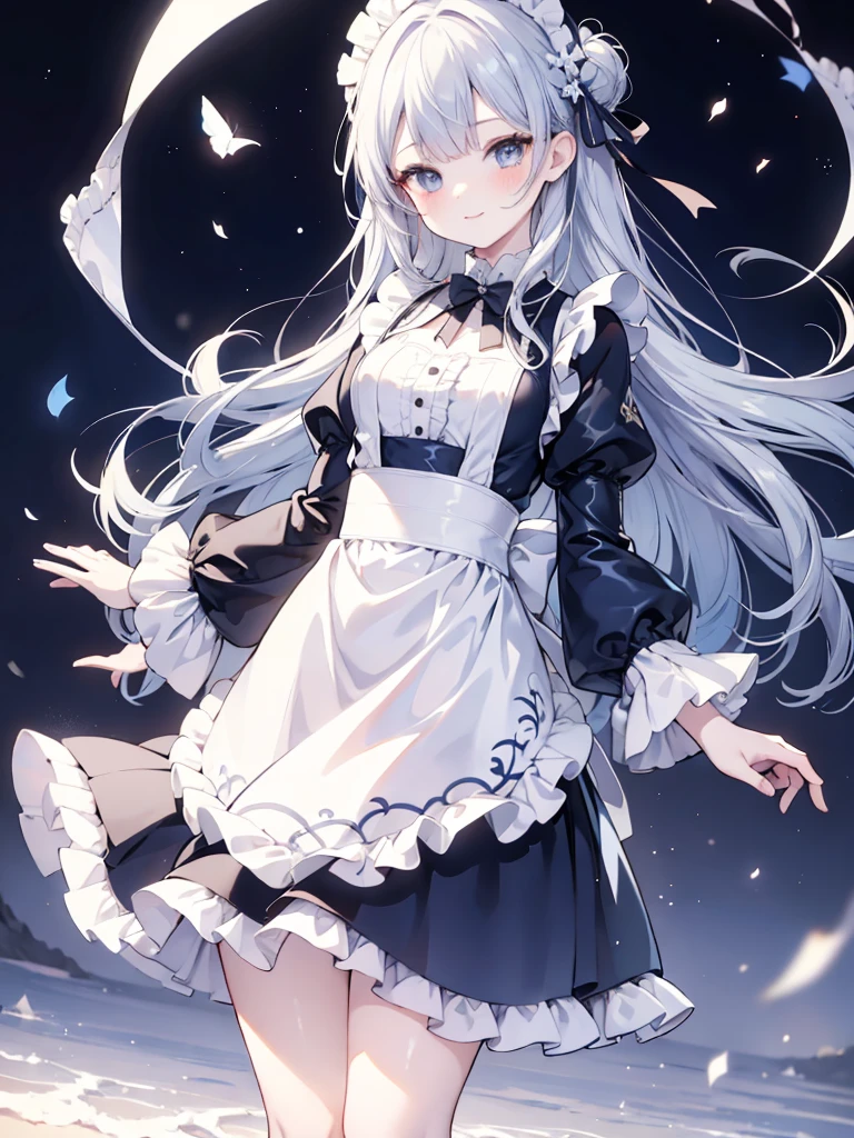 best quality,masterpiece,detailed face, uncensored, 1girl, solo focus, smile, blush, solo, full body, standing, dark blue hair, long hair,low tied hair, forehead, blue eyes, maid, maid headdress, dark blue dress, puffy sleeves, elbow gloves, white gloves, apron, long skirt, dark blue skirt, white thighhighs,Masterpiece, Top Quality Anime Illustration, Super Detail, One Girl, Solo, Beautiful Girl with Silver Hair, Anime , maid dress,Smile,(white background),((charming))、perfect proportions, cute woman, baby face, BREAK source_anime, high detail, looking at viewer,POV, large chest, best quality, highly detailed, young face,Droopy eyes,relaxed face,