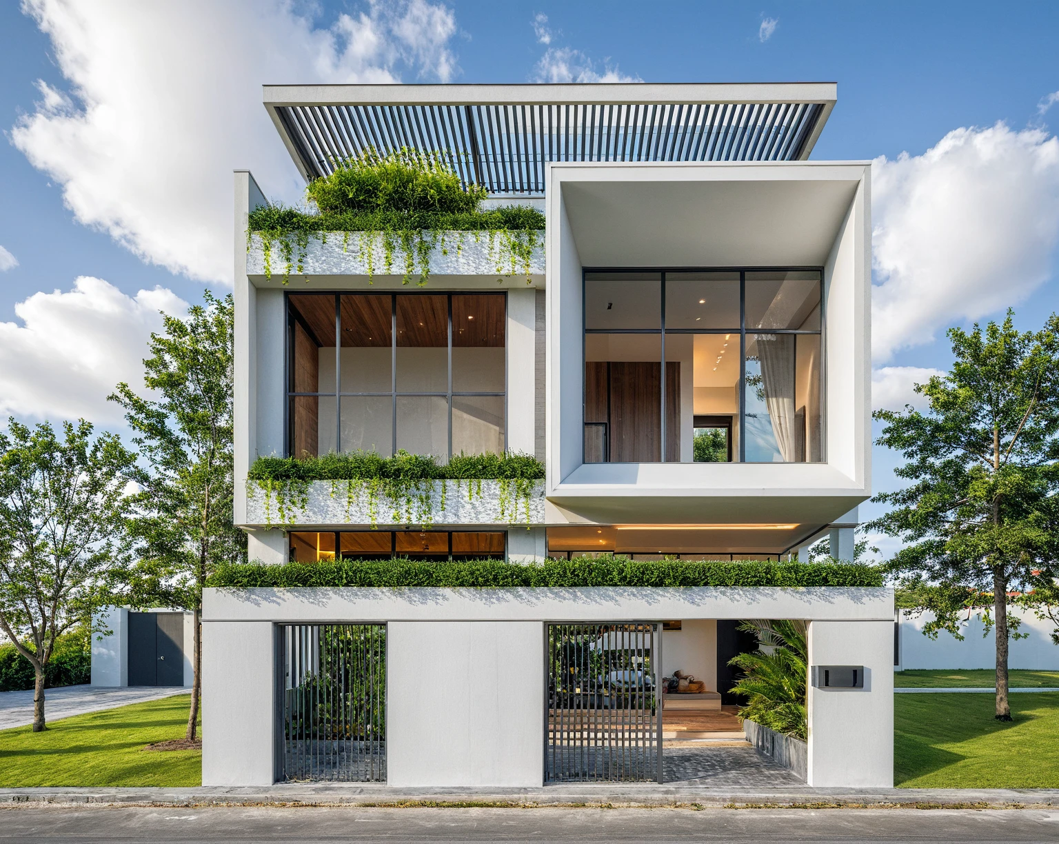 Masterpiece, high quality, best quality, authentic, super detail, outdoors, onestoreyvillaXL, aiaigroup, house style modern on the street ,stairs, white wall ,road,pavement, grass, trees, sky, cloud, (daylight:1.1)