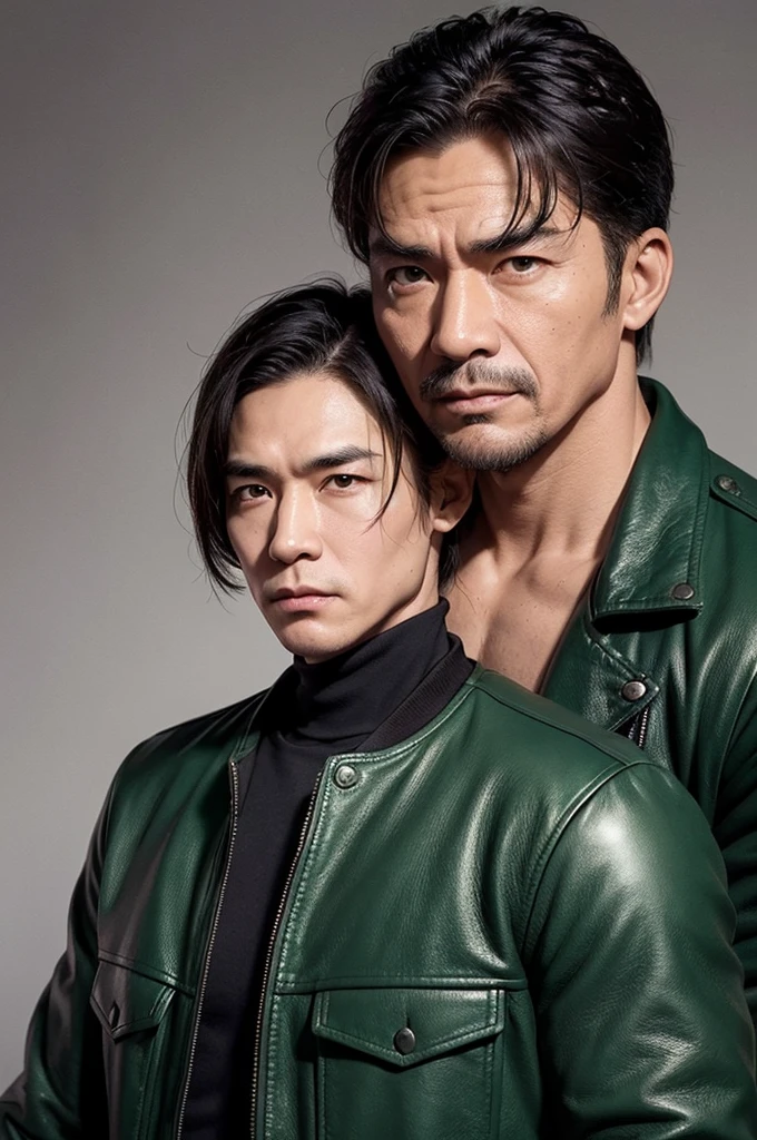 make character of my action film 50 years old  and his name is " Jim ". This man is filipino and attractive because of nose and eyebrow. Wearing leather jacket color dark green and holding pistol. The facial expression of this man is normal, not smiling, not sad. 