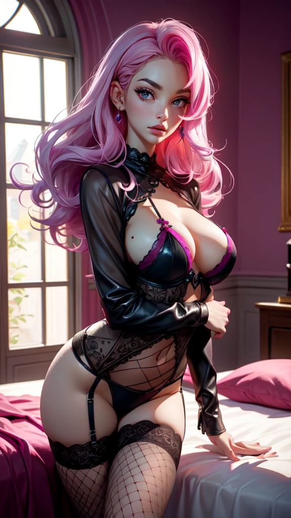 Best quality, Masterpiece, Portrait, Perfect anatomy, Femininity, Cool, Flawless, , Solo, Sexy, Stylish, Mature, Purple eyes, Long light pink hair, Mole above lip, Red lipstick, Big breasts, in black lingerie, on white beds, in a room with flowers and a window, fishnet tights