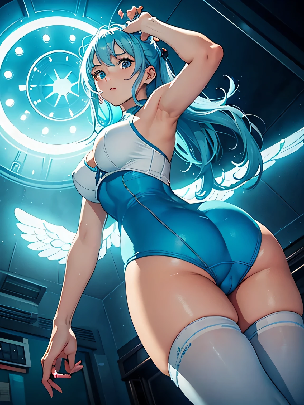 16year old girl with light blue leotard, Angle from your feet、angle from below、((Angle looking up from below、mostrar la entrepierna))、volumetric lighting、Luz tenue、Brillante、Neons、Colores vibrantes、pintura de acuarela、 H-cup bust one piece of underwear for the lower body, very large breasts, very big ass, I can see your pants, white underwear, underwear that digs into the crotch, very beautiful face,