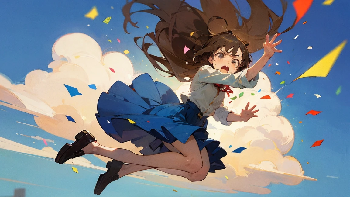 ((Highest quality)), ((masterpiece)), ((Very detailed)),Floatingする女の子,Angry expression，floating，Floating，Confetti，Brown Hair,tears,Levitating,Blue sky background,Feet in the air,tears,gravity,Long skirt,loafers,Raise both hands