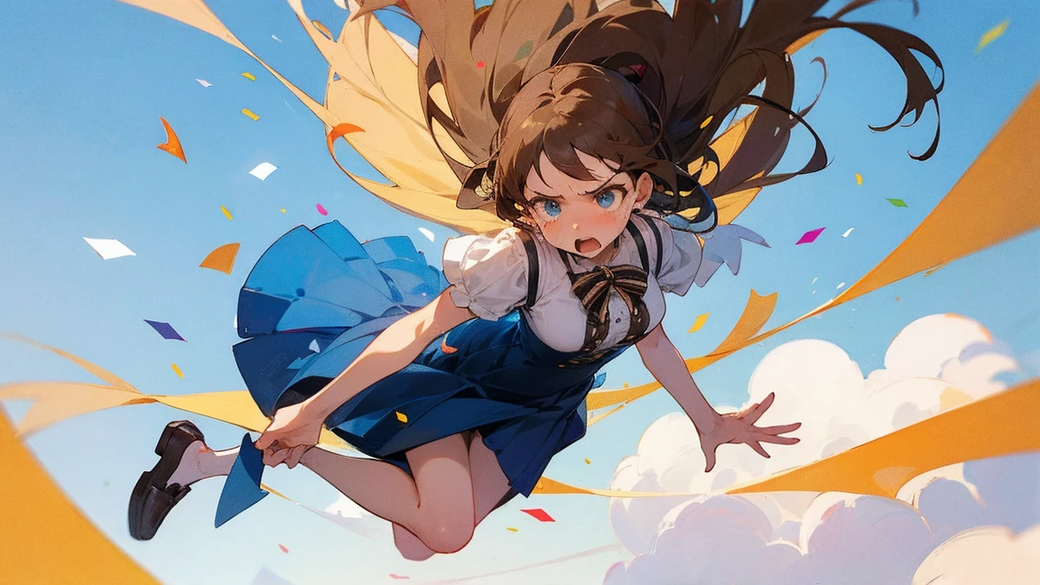((Highest quality)), ((masterpiece)), ((Very detailed)),Floatingする女の子,Angry expression,floating,Floating,Confetti,Brown Hair,tears,Levitating,Blue sky background,Feet in the air,tears,gravity,Long skirt,loafers,Raise both hands