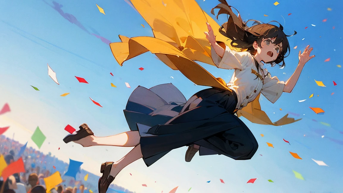 ((Highest quality)), ((masterpiece)), ((Very detailed)),Floatingする女の子,Angry expression,floating,Floating,Confetti,Brown Hair,tears,Levitating,Blue sky background,Feet in the air,tears,gravity,Long skirt,loafers,Raise both hands