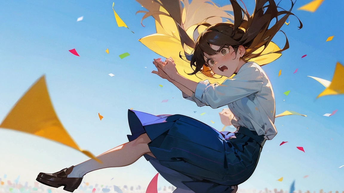 ((Highest quality)), ((masterpiece)), ((Very detailed)),Floatingする女の子,Angry expression,floating,Floating,Confetti,Brown Hair,tears,Levitating,Blue sky background,Feet in the air,tears,gravity,Long skirt,loafers,Raise both hands