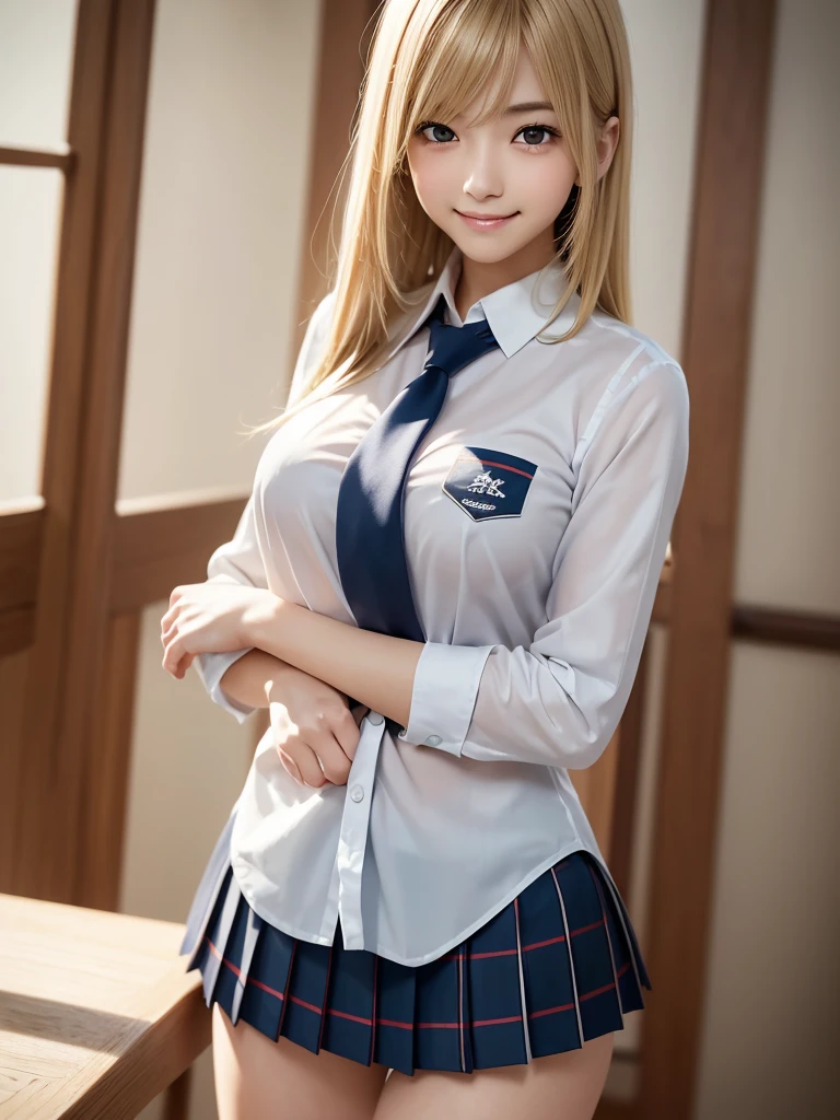 8K, Highest quality, The real picture, Intricate details, Very detailed, Ultra-high resolution, Depth Field,(Realistic,Realistic:1.2),Tabletop , ((Full Body Shot)) , ((Long, slender legs)), 1 girl, eye_Chan, Very beautiful 17 year old girl, innocent big eyes,、Beautiful breasts:1.5、非常に詳細なeye:1.2)、(Beautiful breasts:1.1)、((Blonde))、(Long Bob Hair), Asymmetrical bangs, Perfect Skin, Fair skin, Small breasts, Tight waist, alone, Staring at the audience, (smile)、((School_uniform), (White shirt、Wear a tie), (Blue checkered pleated micro mini skirt), ((Fold your arms in front of your chest and act arrogantly)), ((楽しそうなsmile)), ((Perfect hand shape))