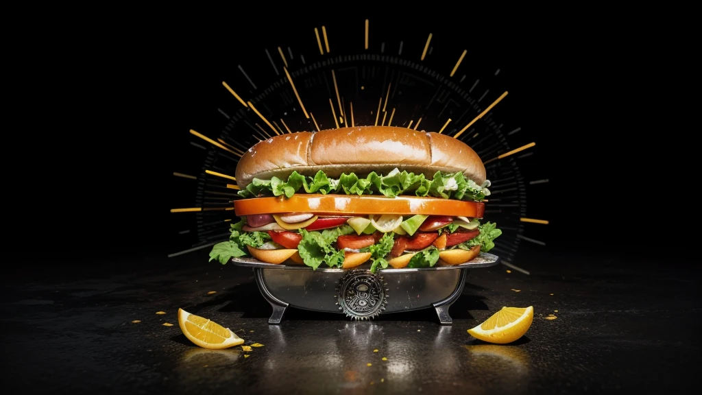 hotdog HOT, vintage soda ICE splesh and crazy sliced lettuce and tomatoes with black gears gradient background with a cool and powerful engine chrome details in metal, sliced oranges and lemons hyper details realistic liquid splesh neon highlighting the word "FOOD DRINK" at the top neon Resolutions 4k