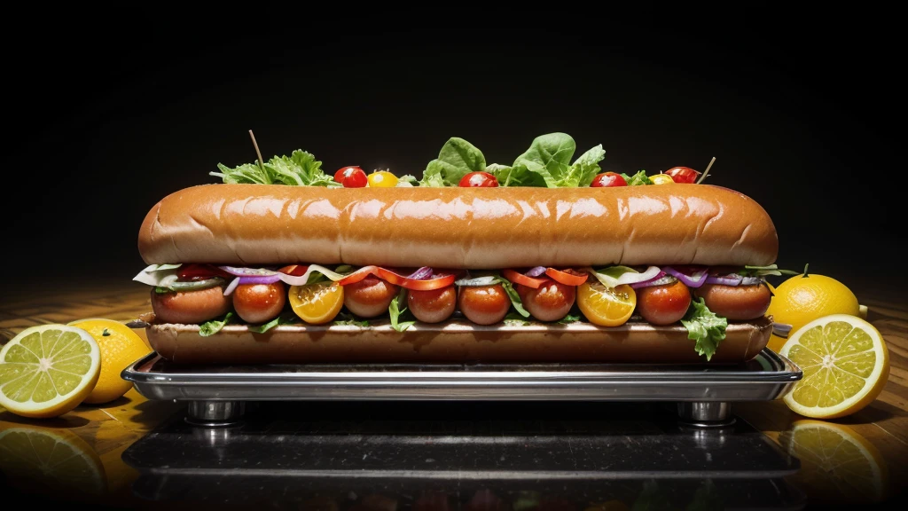 hotdog HOT, vintage soda ICE splesh and crazy sliced lettuce and tomatoes with black gears gradient background with a cool and powerful engine chrome details in metal, sliced oranges and lemons hyper details realistic liquid splesh neon highlighting the word "FOOD DRINK" at the top neon Resolutions 4k