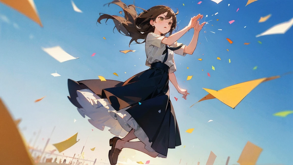((Highest quality)), ((masterpiece)), ((Very detailed)),Floatingする女の子,Angry expression,floating,Floating,Confetti,Brown Hair,tears,Levitating,Blue sky background,Feet in the air,tears,gravity,Long skirt,loafers,Raise both hands
