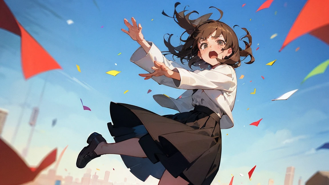 ((Highest quality)), ((masterpiece)), ((Very detailed)),Floatingする女の子,Angry expression，floating，Floating，Confetti，Brown Hair,tears,Levitating,Blue sky background,Feet in the air,tears,gravity,Long skirt,loafers,Raise both hands