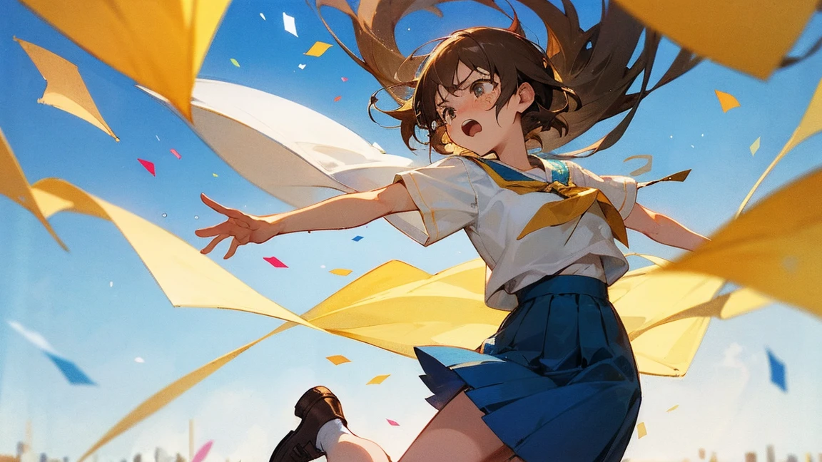 ((Highest quality)), ((masterpiece)), ((Very detailed)),Floatingする女の子,Angry expression,floating,Floating,Confetti,Brown Hair,tears,Levitating,Blue sky background,Feet in the air,tears,gravity,Long skirt,loafers,Raise both hands