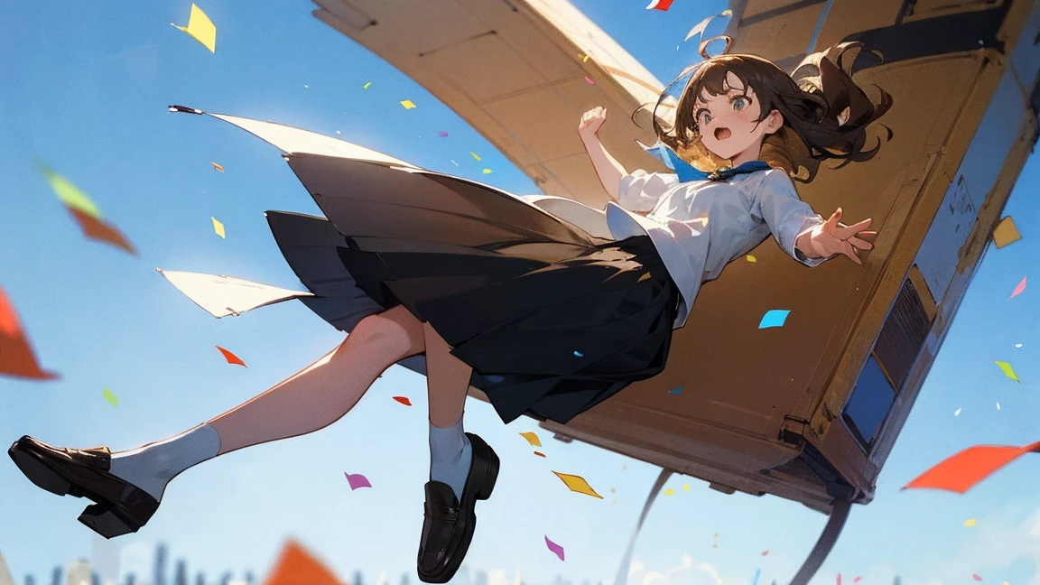 ((Highest quality)), ((masterpiece)), ((Very detailed)),Floatingする女の子,Angry expression,floating,Floating,Confetti,Brown Hair,tears,Levitating,Blue sky background,Feet in the air,tears,gravity,Long skirt,loafers,Raise both hands