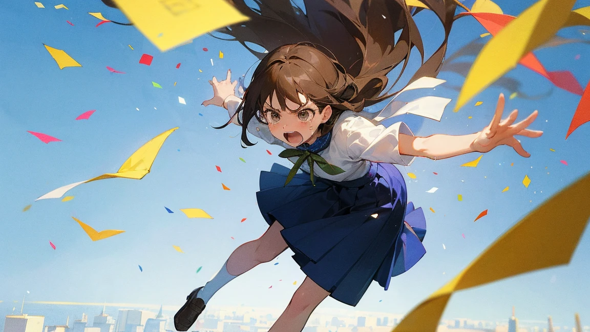 ((Highest quality)), ((masterpiece)), ((Very detailed)),Floatingする女の子,Angry expression，floating，Floating，Confetti，Brown Hair,tears,Levitating,Blue sky background,Feet in the air,tears,gravity,Long skirt,loafers,Raise both hands