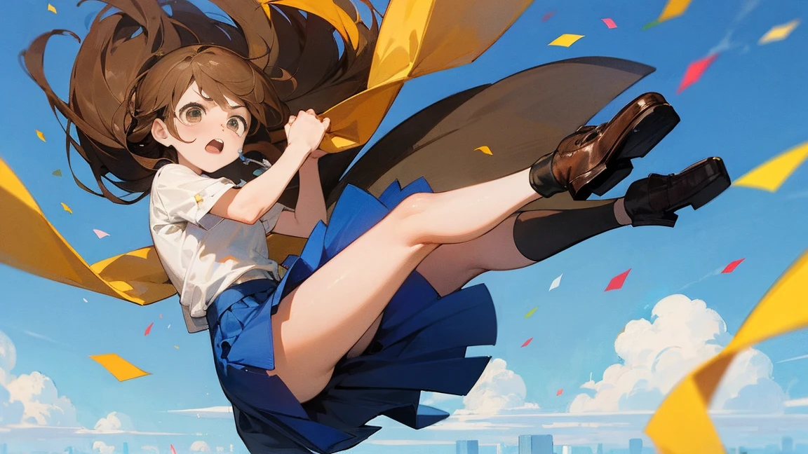 ((Highest quality)), ((masterpiece)), ((Very detailed)),Floatingする女の子,Angry expression,floating,Floating,Confetti,Brown Hair,tears,Levitating,Blue sky background,Feet in the air,tears,gravity,Long skirt,loafers,Raise both hands