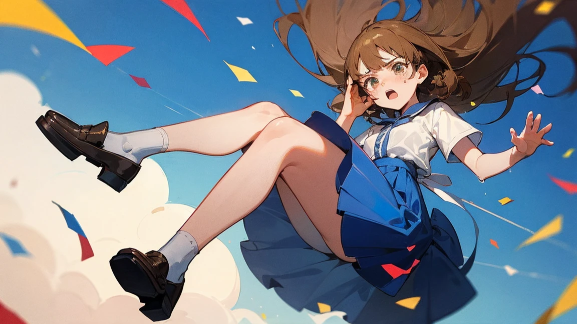 ((Highest quality)), ((masterpiece)), ((Very detailed)),Floatingする女の子,Angry expression，floating，Floating，Confetti，Brown Hair,tears,Levitating,Blue sky background,Feet in the air,tears,gravity,Long skirt,loafers,Raise both hands