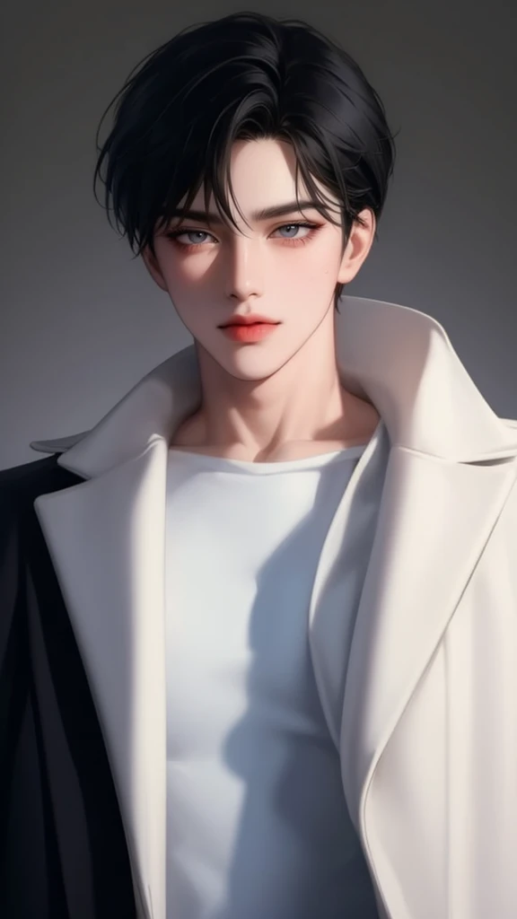 Boy, black hair, black eyes, serious sharp features, white skin, handsome, sweater, coat, good lighting, light from the front, symmetrical camera angle , good lighting